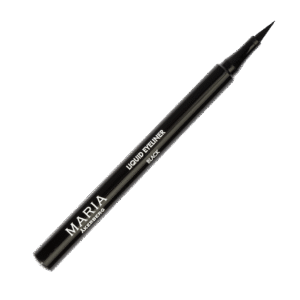 Svart förpackning med tunn filtspets applikator. Maria Åkerberg logo i vitt och texten liquid eyeliner black.