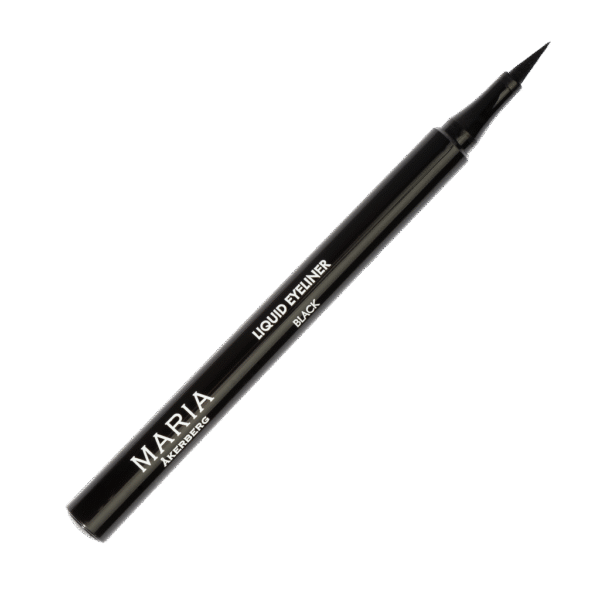 Svart förpackning med tunn filtspets applikator. Maria Åkerberg logo i vitt och texten liquid eyeliner black.